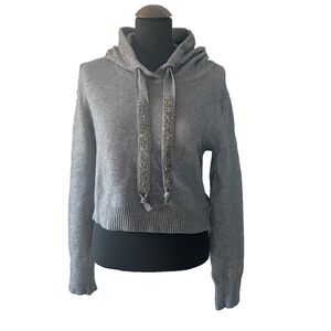 ZARA Knit Grey Cropped Hooded Sweater Sequin Trim Detail! Med